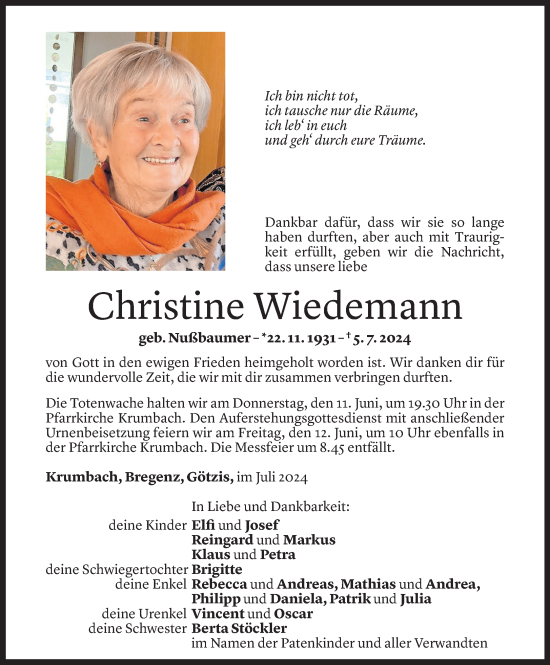 Todesanzeige von Christine Wiedemann von Vorarlberger Nachrichten