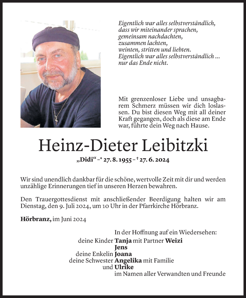  Todesanzeige für Heinz-Dieter Leibitzki vom 05.07.2024 aus Vorarlberger Nachrichten