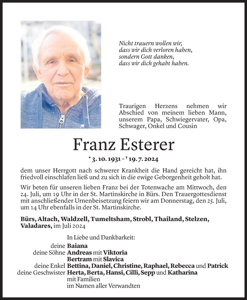  Todesanzeige für Franz Esterer vom 21.07.2024 aus Vorarlberger Nachrichten