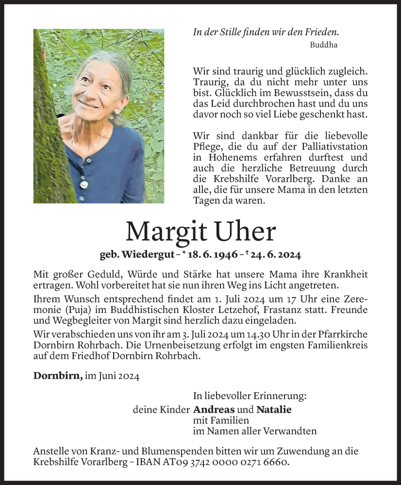  Todesanzeige für Margit Uher vom 01.07.2024 aus Vorarlberger Nachrichten