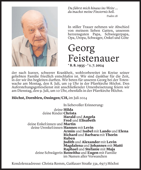 Todesanzeige von Georg Feistenauer von Vorarlberger Nachrichten