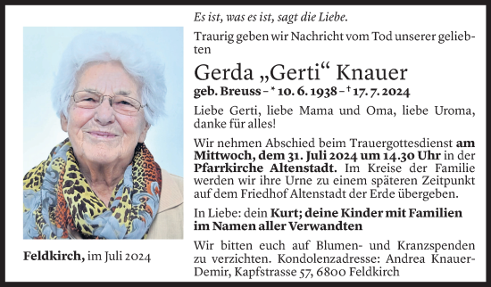 Todesanzeige von Gerda Knauer von Vorarlberger Nachrichten