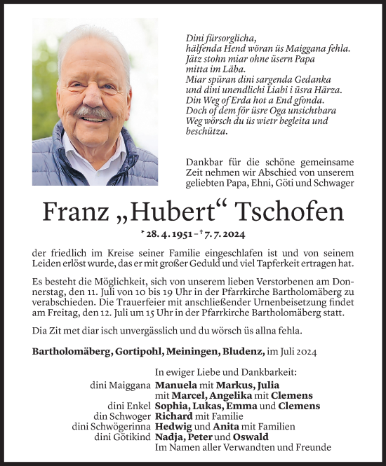 Todesanzeige von Franz Tschofen von Vorarlberger Nachrichten