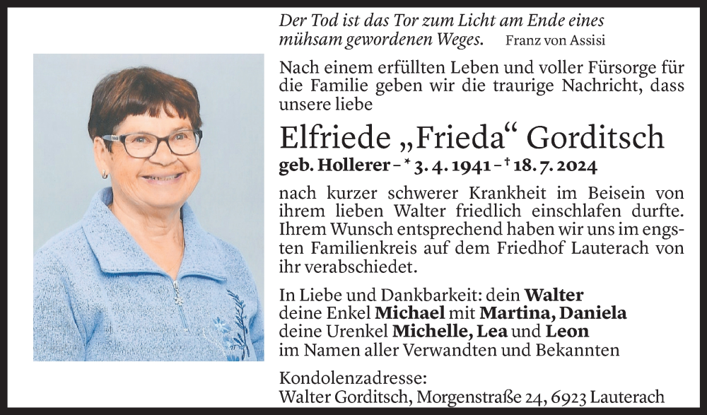  Todesanzeige für Elfriede Gorditsch vom 27.07.2024 aus Vorarlberger Nachrichten