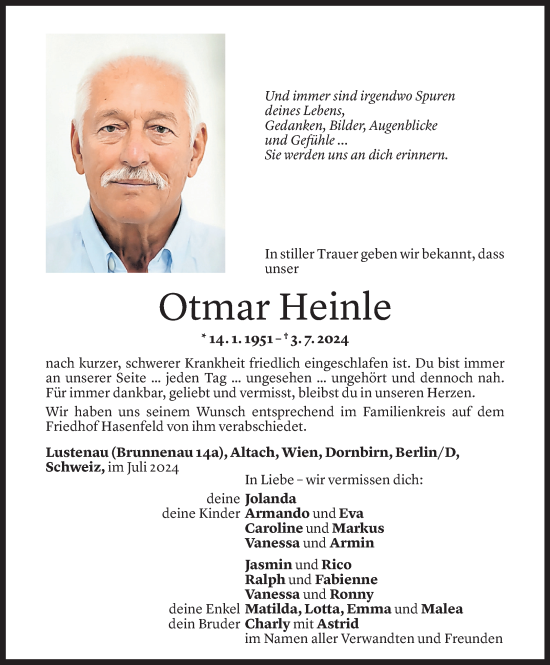 Todesanzeige von Otmar Heinle von Vorarlberger Nachrichten