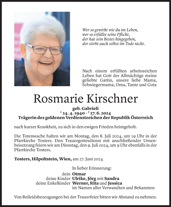 Todesanzeige von Rosmarie Kirschner von Vorarlberger Nachrichten