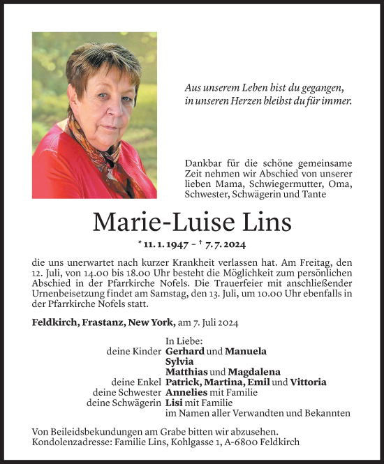 Todesanzeige von Marie-Luise Lins von Vorarlberger Nachrichten