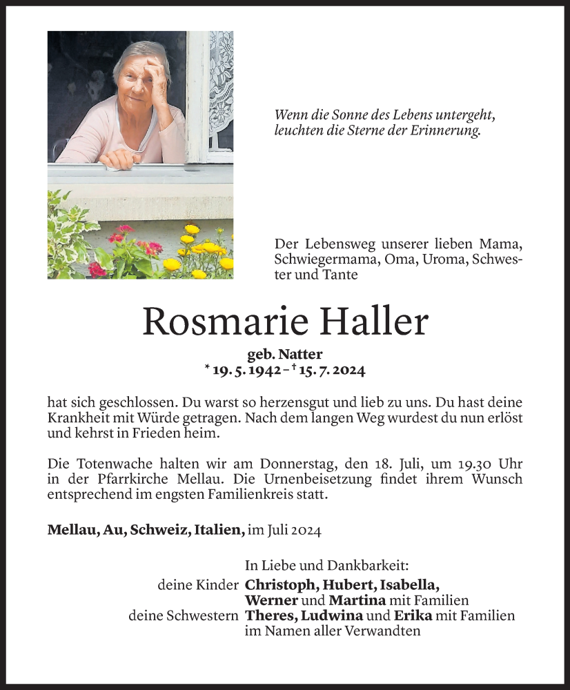  Todesanzeige für Rosmarie Haller vom 17.07.2024 aus Vorarlberger Nachrichten