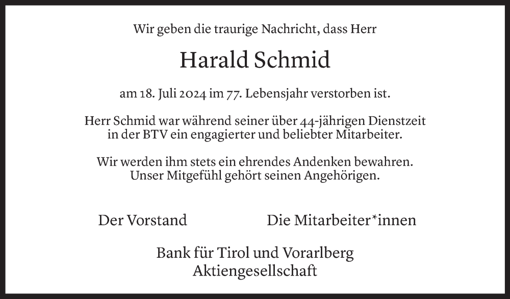  Todesanzeige für Harald Schmid vom 27.07.2024 aus Vorarlberger Nachrichten