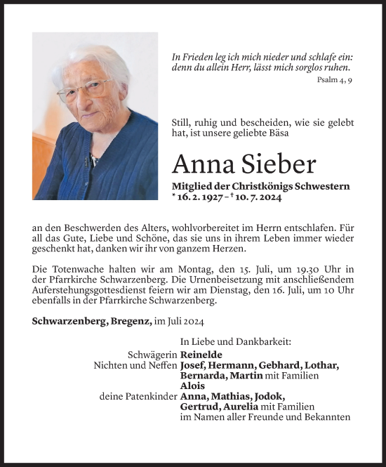 Todesanzeige von Anna Sieber von Vorarlberger Nachrichten