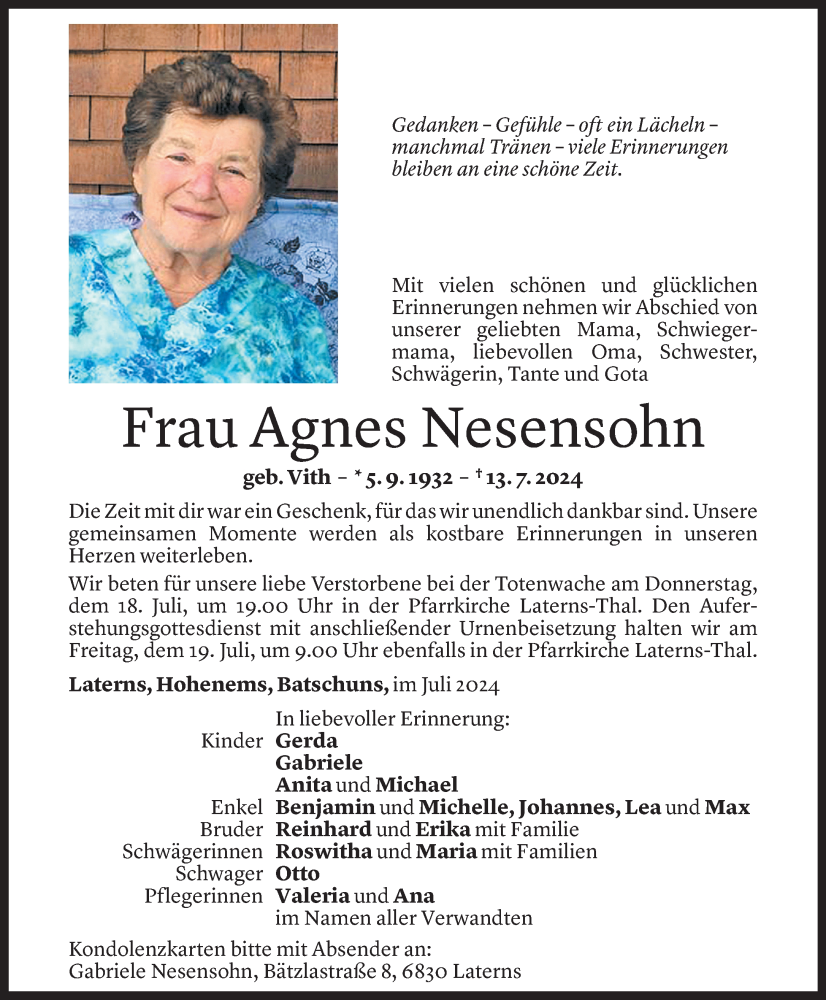  Todesanzeige für Agnes Nesensohn vom 16.07.2024 aus Vorarlberger Nachrichten