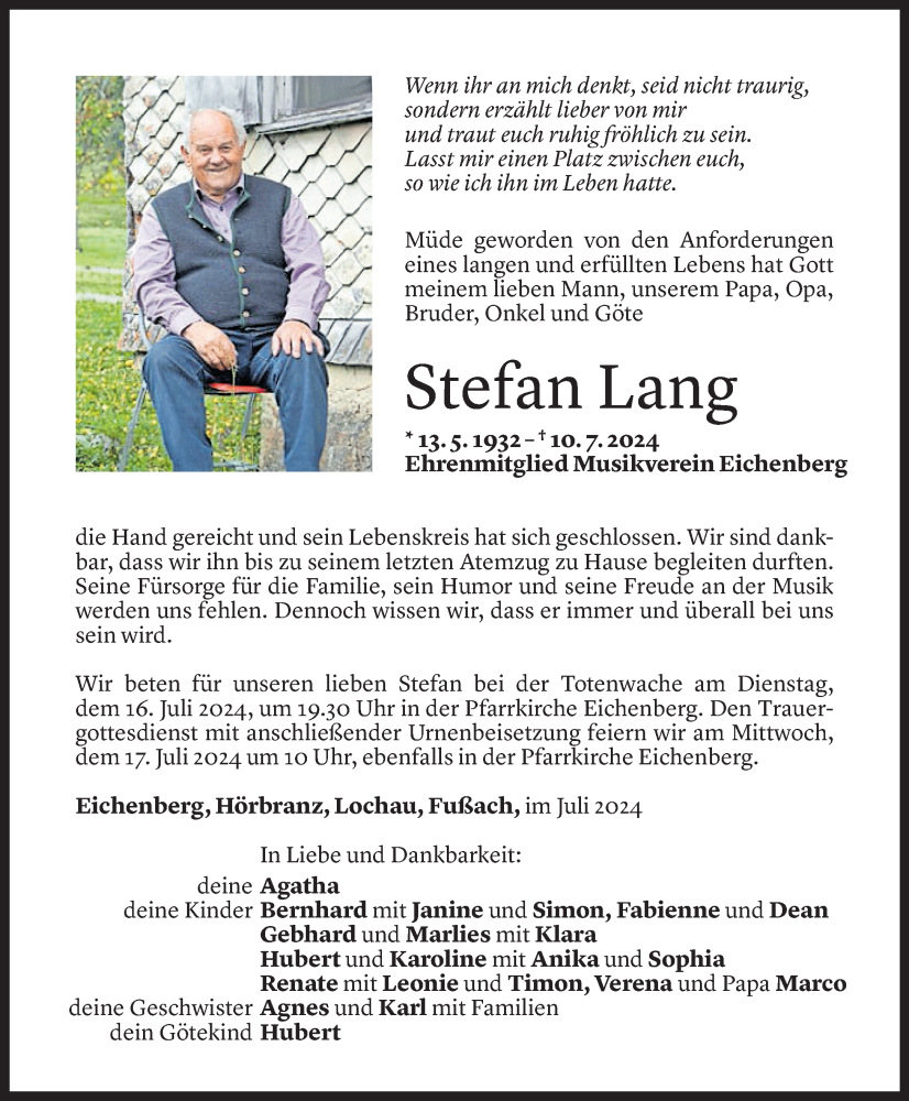  Todesanzeige für Stefan Lang vom 12.07.2024 aus Vorarlberger Nachrichten