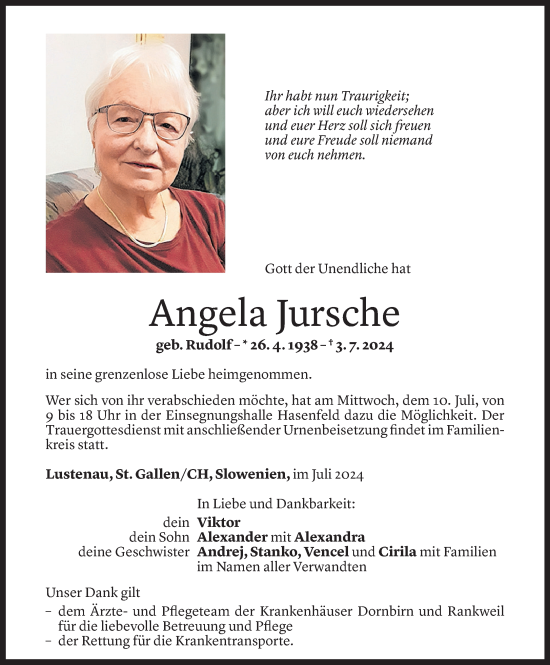 Todesanzeige von Angela Jursche von Vorarlberger Nachrichten