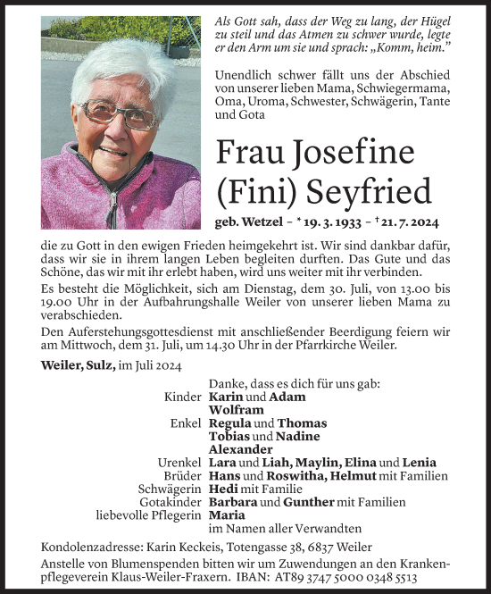 Todesanzeige von Josefine Seyfried von Vorarlberger Nachrichten