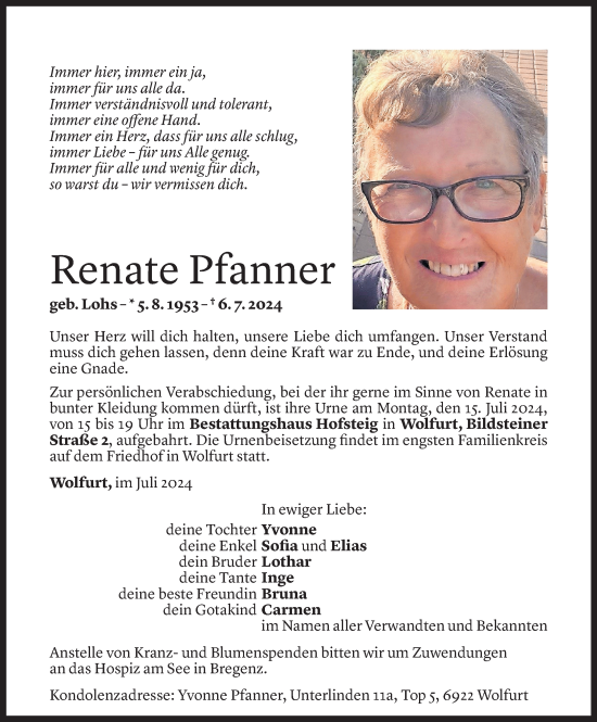 Todesanzeige von Renate Pfanner von Vorarlberger Nachrichten