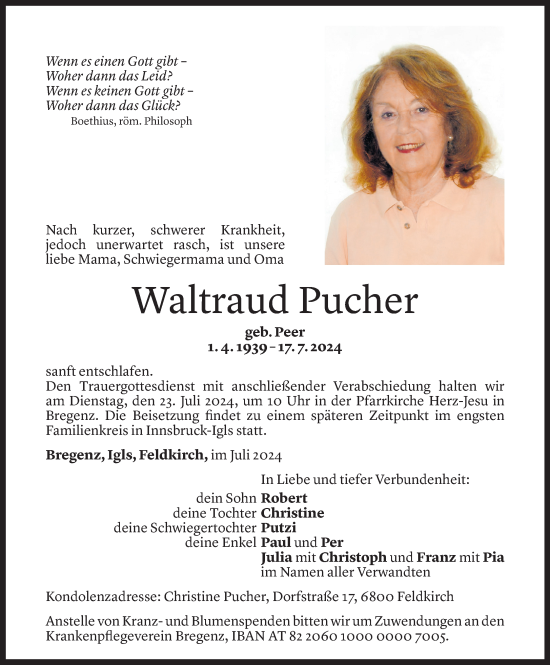Todesanzeige von Waltraud Pucher von Vorarlberger Nachrichten