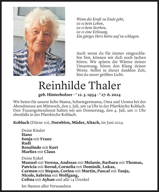 Todesanzeige von Reinhilde Thaler von Vorarlberger Nachrichten