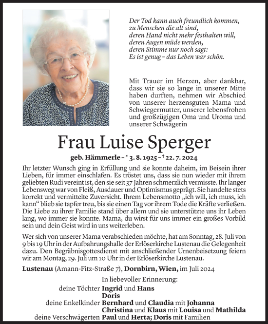 Todesanzeige von Luise Sperger von Vorarlberger Nachrichten