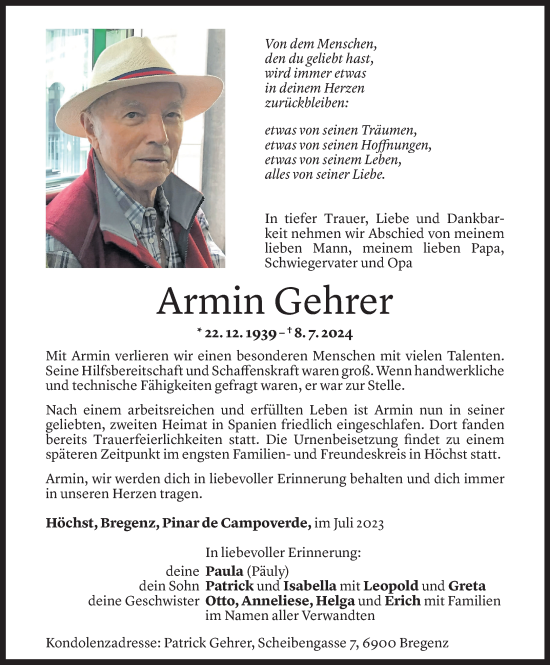 Todesanzeige von Armin Gehrer von Vorarlberger Nachrichten