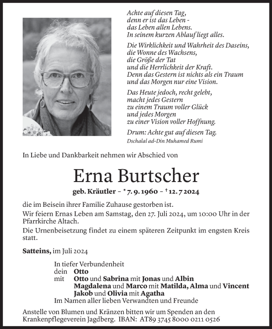 Todesanzeige von Erna Burtscher von Vorarlberger Nachrichten