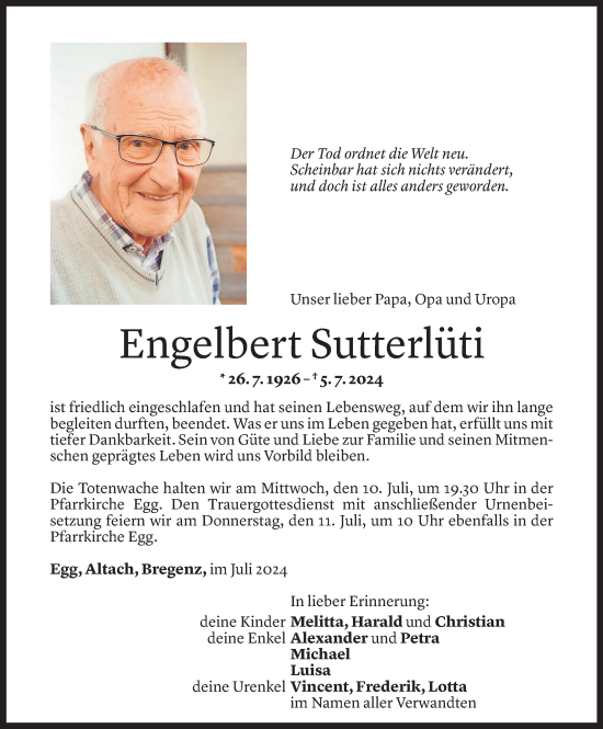 Todesanzeige von Engelbert Sutterlüti von Vorarlberger Nachrichten