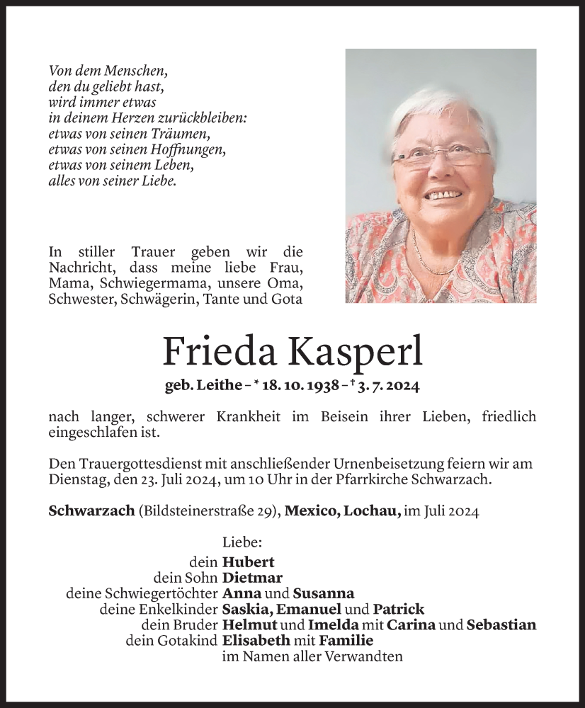  Todesanzeige für Frieda Kasperl vom 19.07.2024 aus Vorarlberger Nachrichten