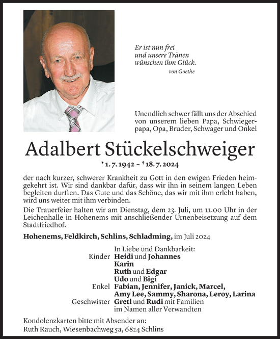 Todesanzeige von Adalbert Stückelschweiger von Vorarlberger Nachrichten