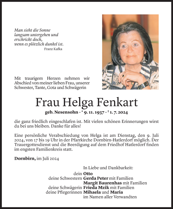 Todesanzeige von Helga Fenkart von Vorarlberger Nachrichten