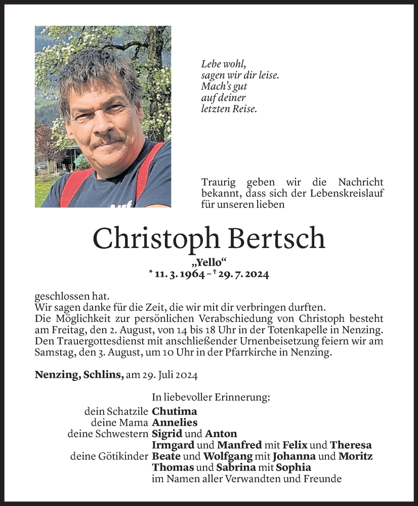  Todesanzeige für Christoph Bertsch vom 31.07.2024 aus Vorarlberger Nachrichten