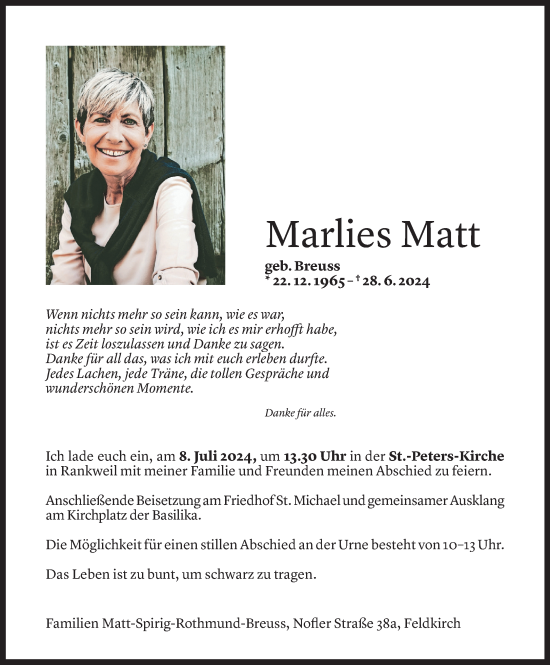 Todesanzeige von Marlies Matt von Vorarlberger Nachrichten
