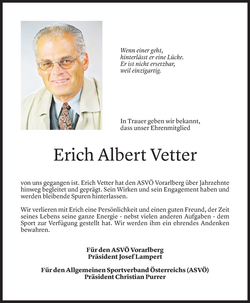  Todesanzeige für Erich Albert Vetter vom 16.07.2024 aus Vorarlberger Nachrichten