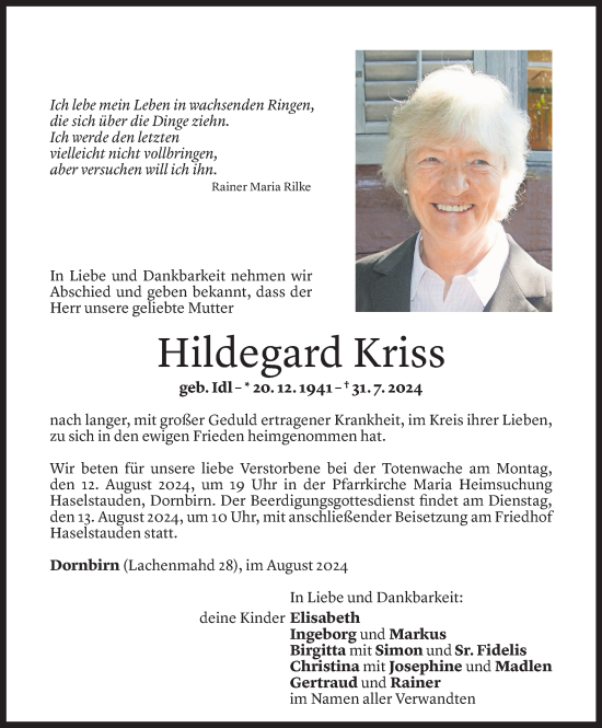 Todesanzeige von Hildegard Kriss von Vorarlberger Nachrichten