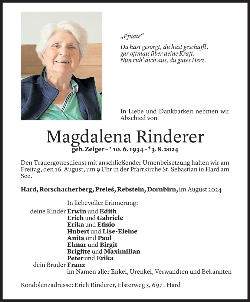  Todesanzeige für Magdalena Rinderer vom 13.08.2024 aus Vorarlberger Nachrichten