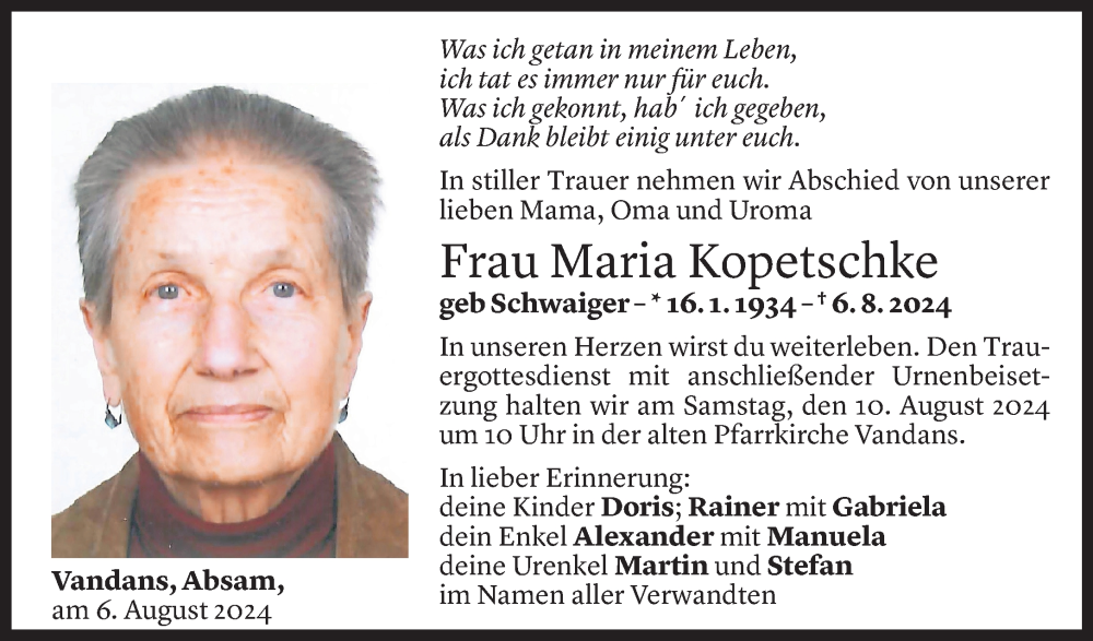  Todesanzeige für Maria Kopetschke vom 08.08.2024 aus Vorarlberger Nachrichten