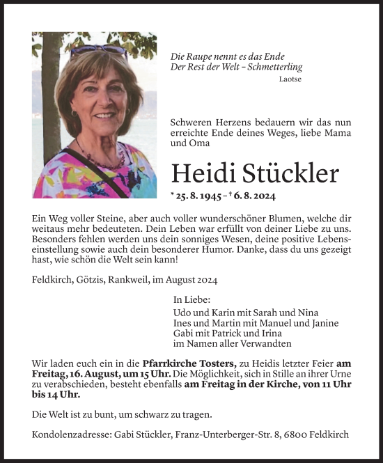 Todesanzeige von Heidi Stückler von Vorarlberger Nachrichten