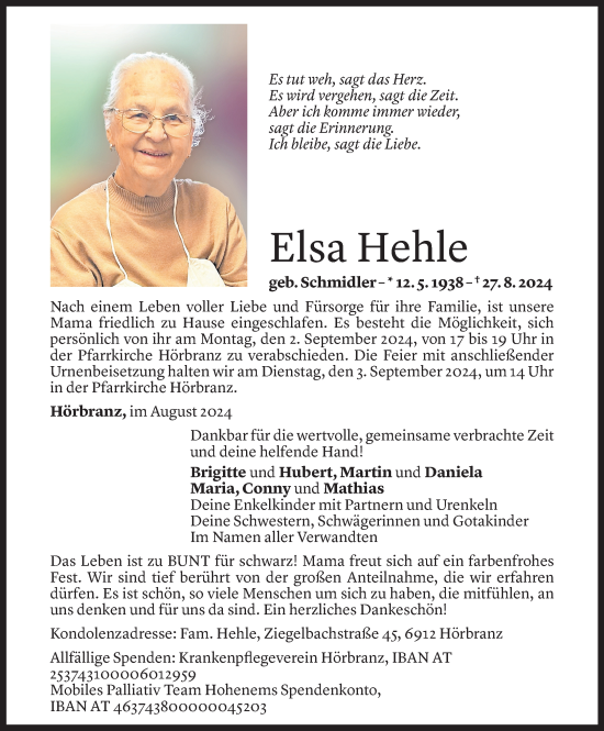 Todesanzeige von Elsa Hehle von Vorarlberger Nachrichten