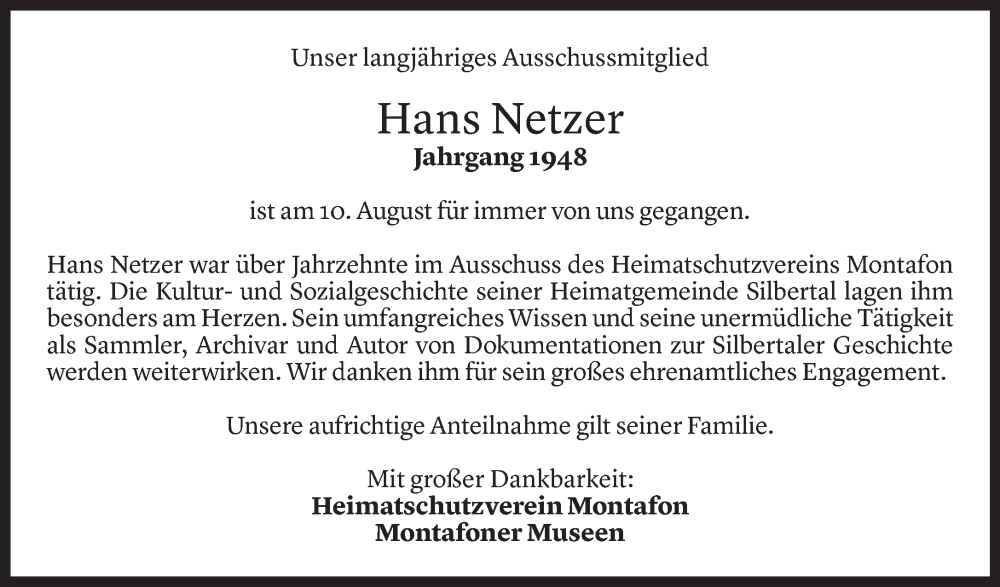  Todesanzeige für Hans Netzer vom 12.08.2024 aus Vorarlberger Nachrichten