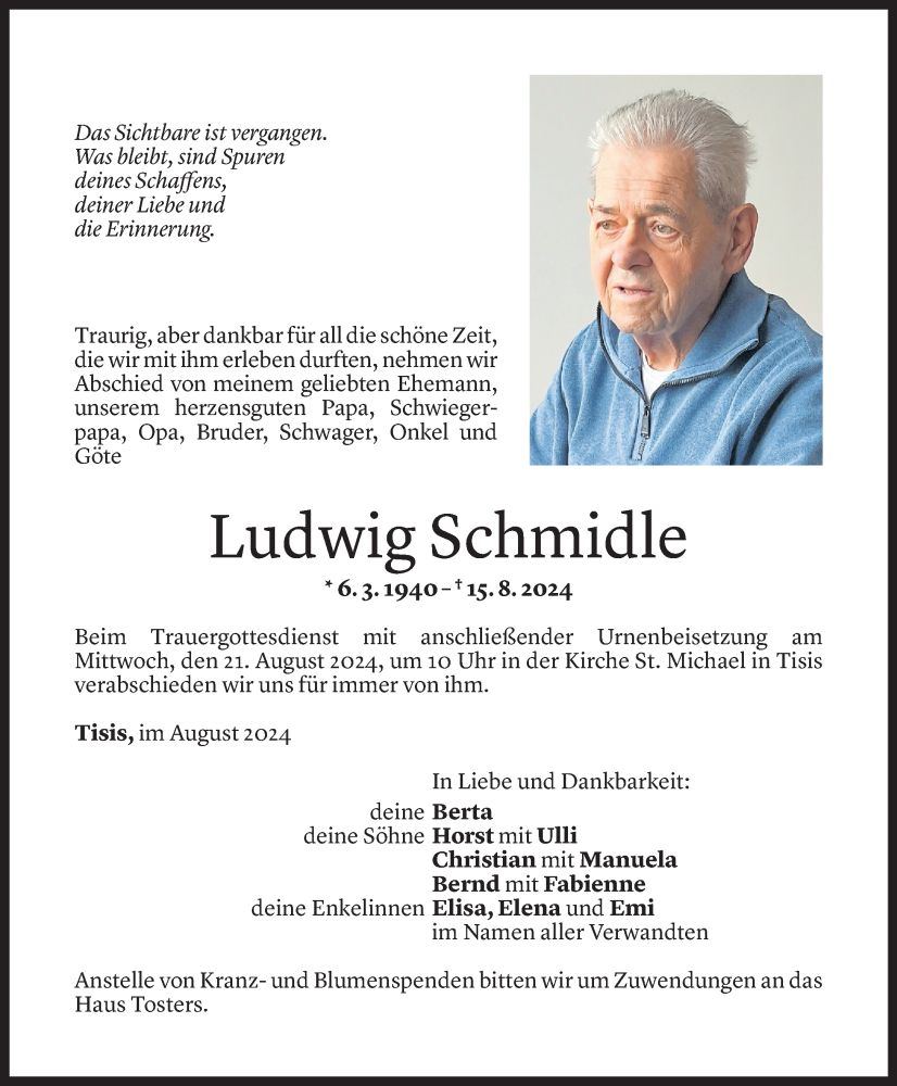  Todesanzeige für Ludwig Schmidle vom 16.08.2024 aus Vorarlberger Nachrichten