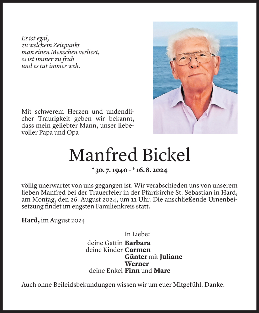  Todesanzeige für Manfred Bickel vom 22.08.2024 aus Vorarlberger Nachrichten