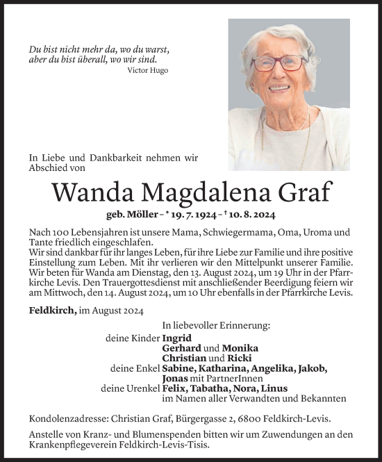 Todesanzeige von Wanda Magdalena Graf von Vorarlberger Nachrichten