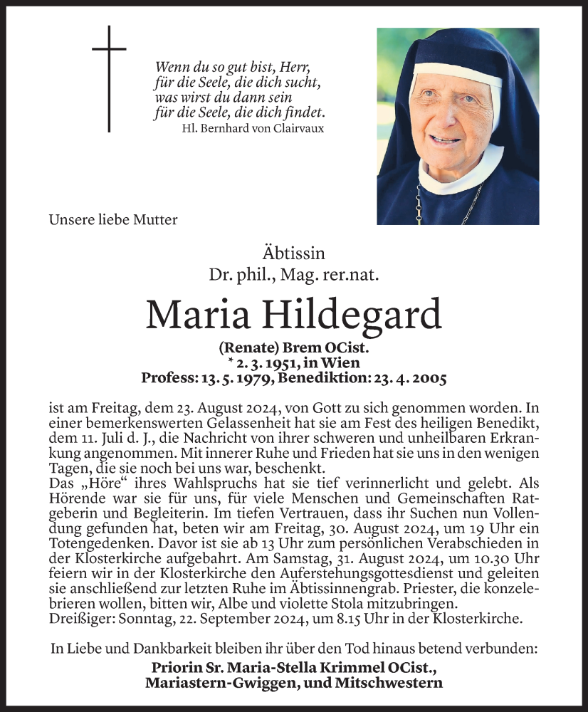  Todesanzeige für Maria Hildegard Brem vom 27.08.2024 aus Vorarlberger Nachrichten