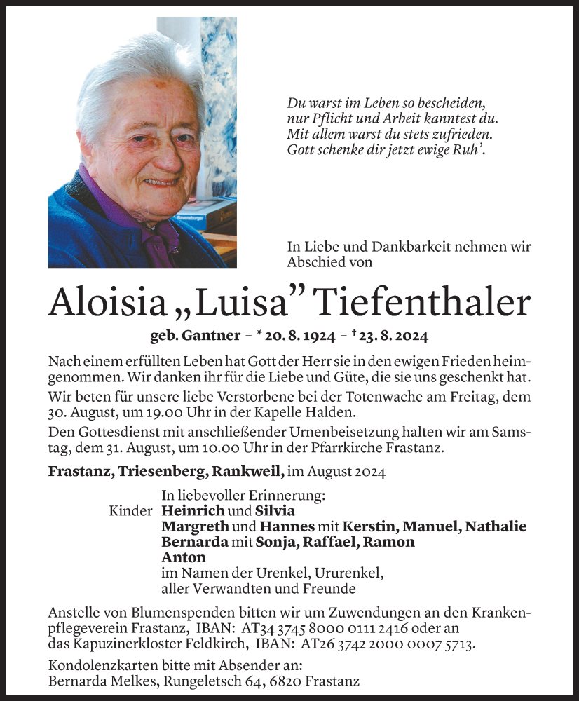  Todesanzeige für Aloisia Tiefenthaler vom 28.08.2024 aus Vorarlberger Nachrichten