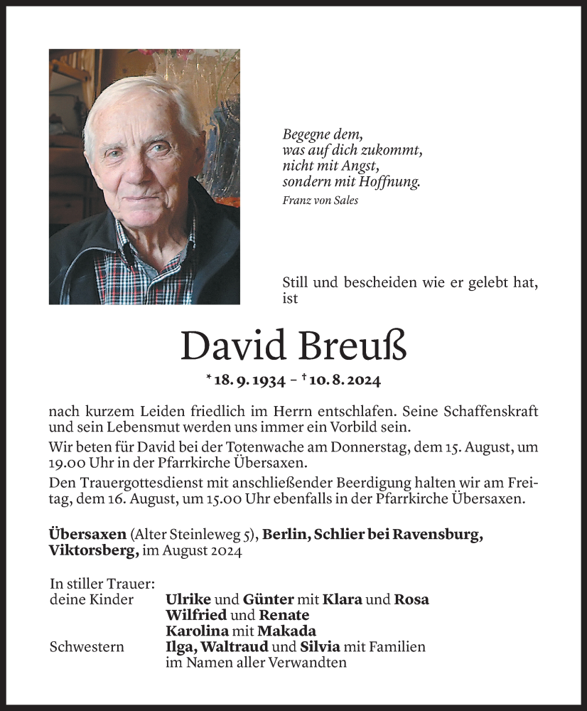  Todesanzeige für David Breuß vom 12.08.2024 aus Vorarlberger Nachrichten