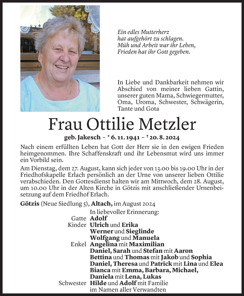  Todesanzeige für Ottilie Metzler vom 24.08.2024 aus Vorarlberger Nachrichten