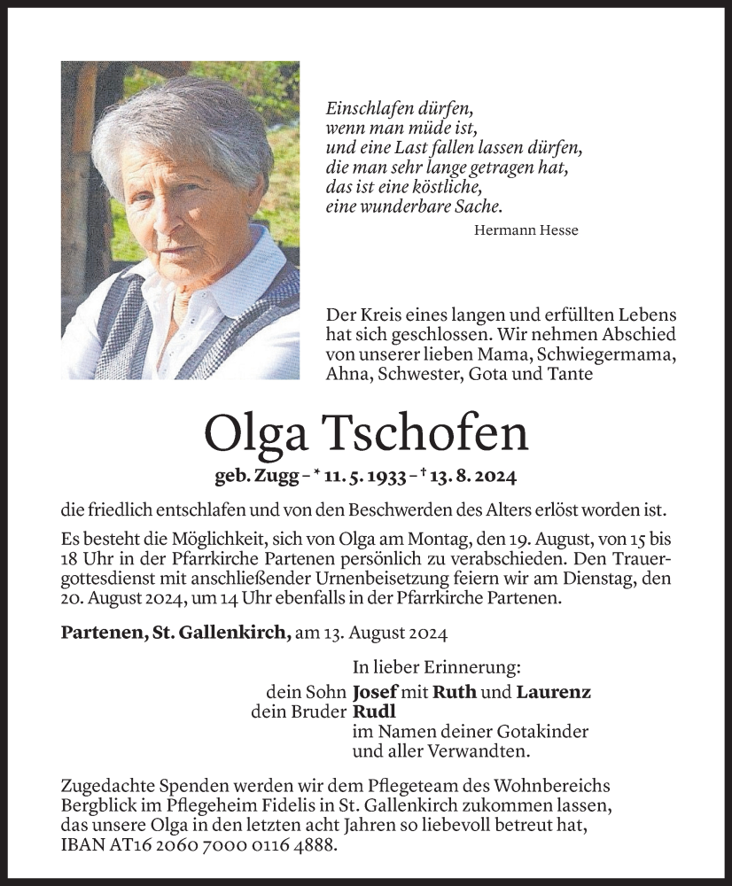  Todesanzeige für Olga Tschofen vom 16.08.2024 aus Vorarlberger Nachrichten