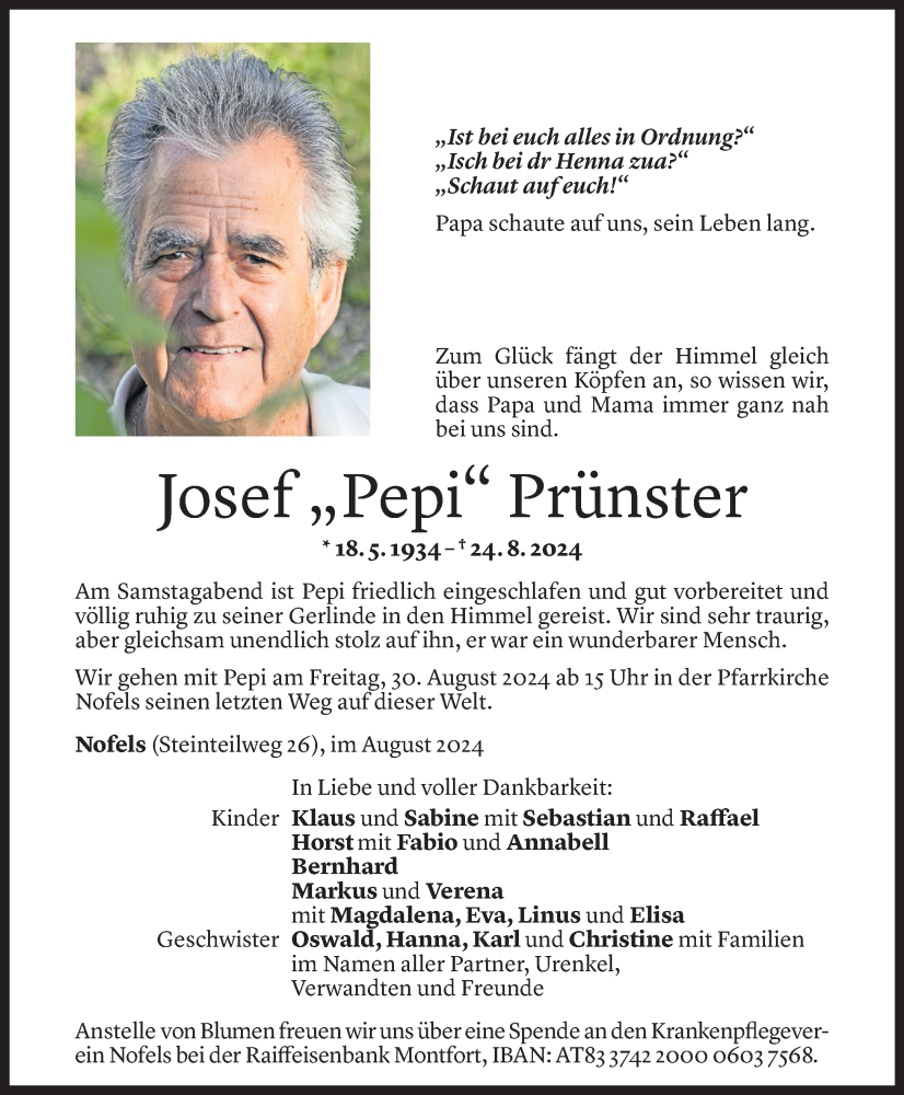  Todesanzeige für Josef Prünster vom 28.08.2024 aus Vorarlberger Nachrichten