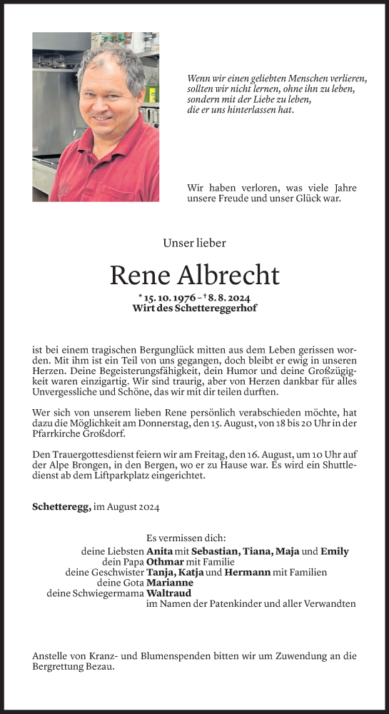  Todesanzeige für Rene Albrecht vom 13.08.2024 aus Vorarlberger Nachrichten