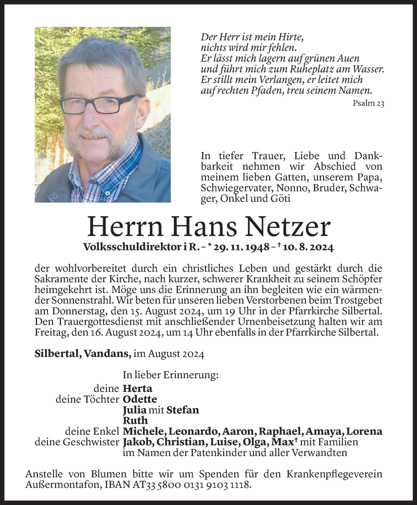  Todesanzeige für Hans Netzer vom 12.08.2024 aus Vorarlberger Nachrichten