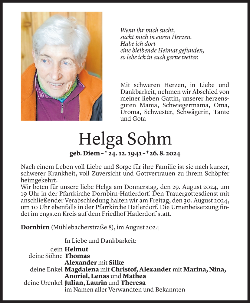  Todesanzeige für Helga Sohm vom 28.08.2024 aus Vorarlberger Nachrichten