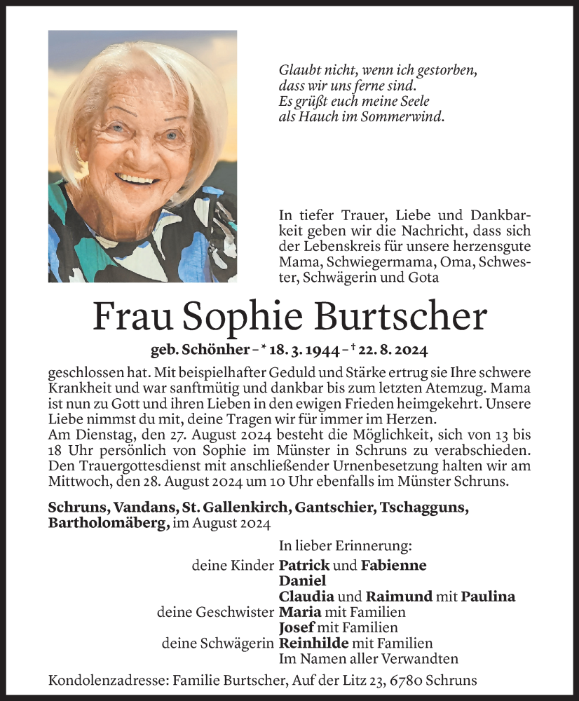  Todesanzeige für Sophie Burtscher vom 26.08.2024 aus Vorarlberger Nachrichten
